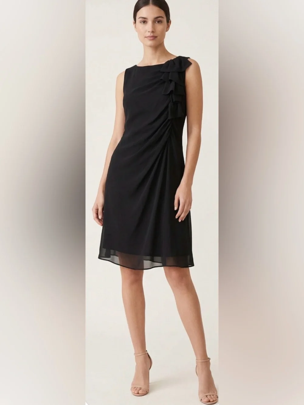 90s Asymmetrical Black Chiffon Dress – Draped Knee-Length with Shoulder Ruffle - Picture 1 of 15